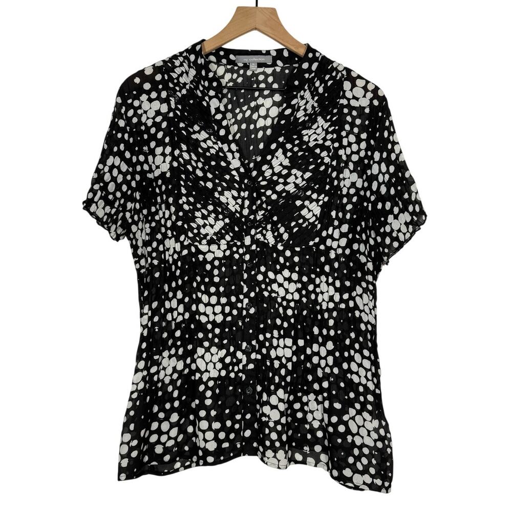 NY Collection Y2K Top Womens Size XL Black Polka Dot Pintuck Sheer‎ Short Sleeve